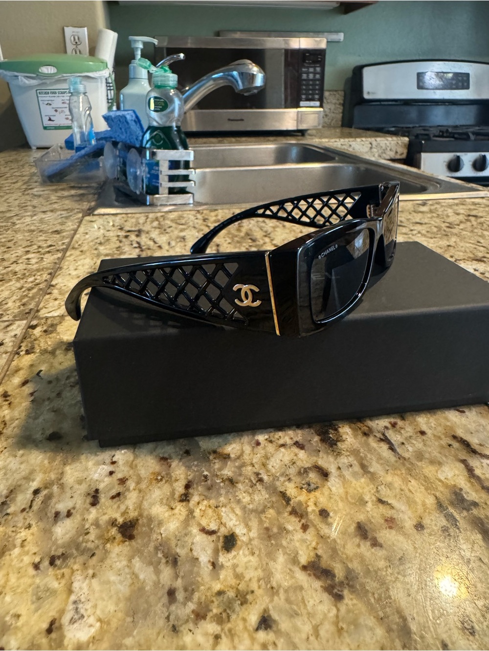 CHANEL Black Sunglasses with Gold CC Logo and Lattice Arms
